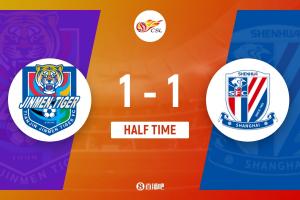 半场-谢蒂内点射处子球朱辰杰扳平 津门虎赛季首球暂1-1申花