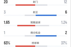 米兰0-3乌迪内斯全场数据:射门20-12,射正3-6,控球率63%-37%