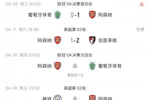 定生死!阿森纳本周:周四欧冠1/4决赛战葡体,周日客战曼城!