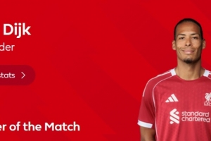 头球绝杀！英超官方：范戴克当选利物浦2-1埃弗顿全场最佳球员